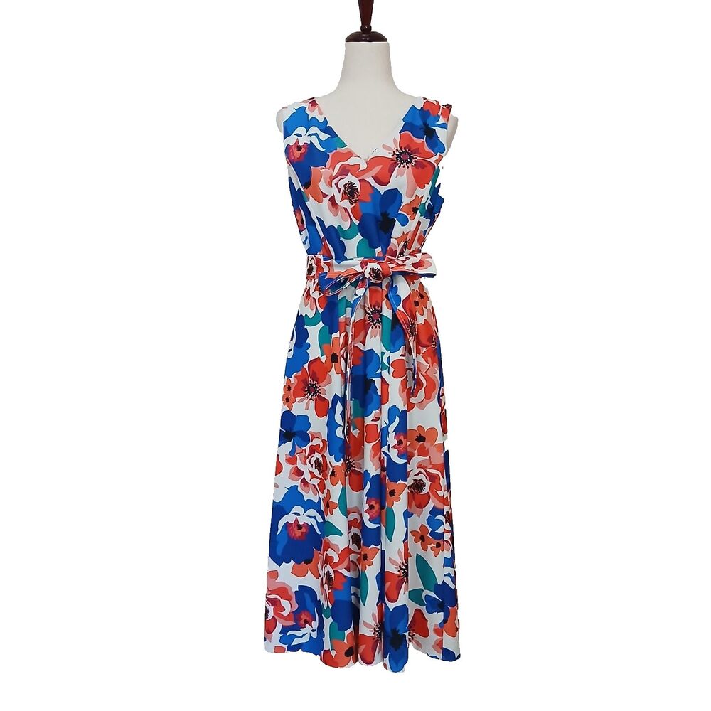 Calvin Klein Floral Summer Tie Dress Formal Party Brunch Knee Length 12 #1046